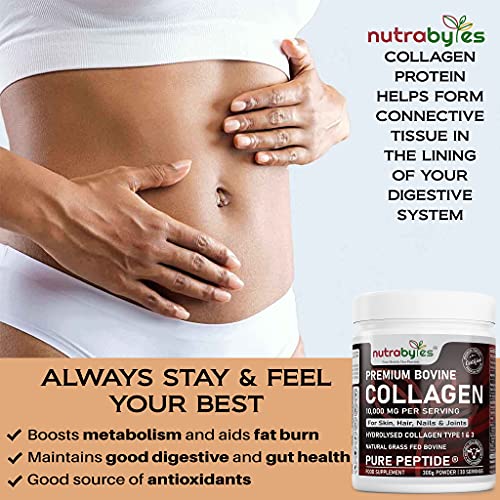 Pure Hydrolysed Collagen Powder 10000mg Bovine Type 1 & 3 Unflavoured|High Strength Protein Peptides for Women & Men NUTRABYTES