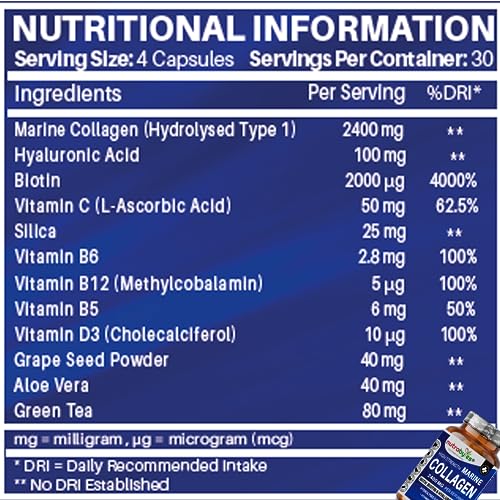 High Strength Marine Collagen 2400mg with Hyaluronic Acid 100mg, Biotin, Vitamin C, D3, B12 and Silica NUTRABYTES