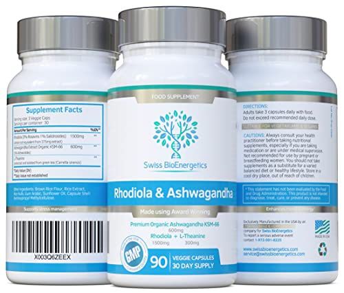 Rhodiola & Ashwagandha with L-Theanine - Award Winning Ashwagandha KSM-66 600mg swiss bioenergetics