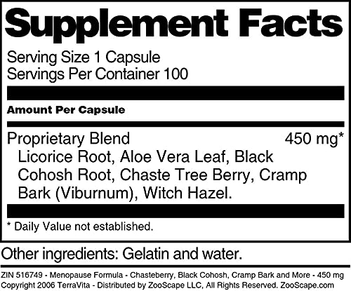 Menopause Formula - Chasteberry, Black Cohosh, Cramp Bark and More - 450 mg (100 Capsules) Terravita