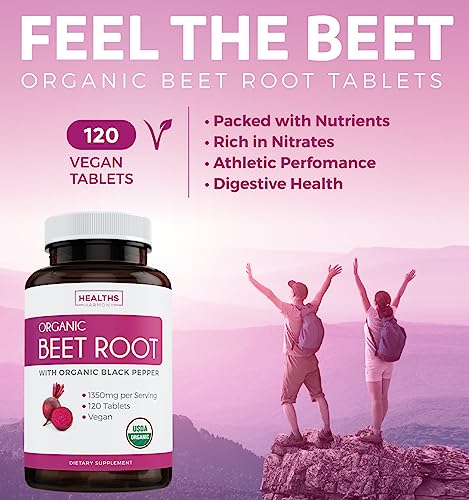 USDA Organic Beet Root Powder (120 Tablets) 1350mg Beets Per Serving with Black Pepper Healths Harmony