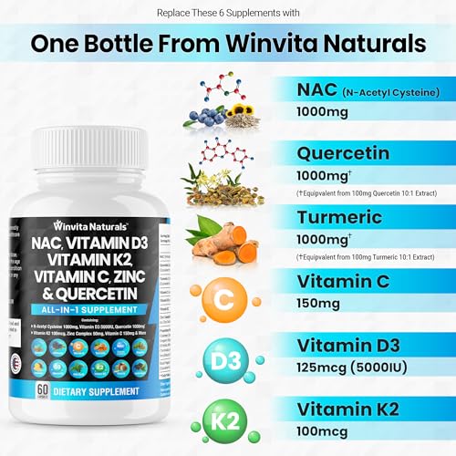 NAC Supplement N-Acetyl Cysteine 1000mg Vitamin C Vitamin D3 K2, Zinc, Turmeric Curcumin Winvita Naturals