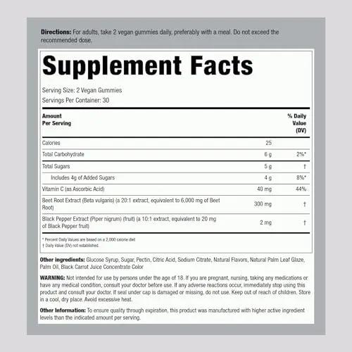 Beet Root Gummies | 60 Count | with Nitrates and Black Pepper Extract | Nitric Oxide Piping Rock