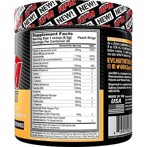 Pre Workout Powder for Energy and Focus - EVL RPM Energy Pre Workout Energy Drink Powder with Betaine Alanine Caffeine and Theacrine - Preworkout Powder Drink for Amplified Performance (Peach Rings)
