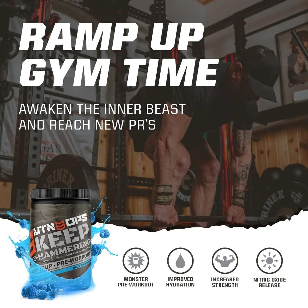 MTN OPS Pre-Workout Powder Energy Drink Keep Hammering Series by Cameron Hanes, Blue Raspberry, 20 Servings, 23.2oz