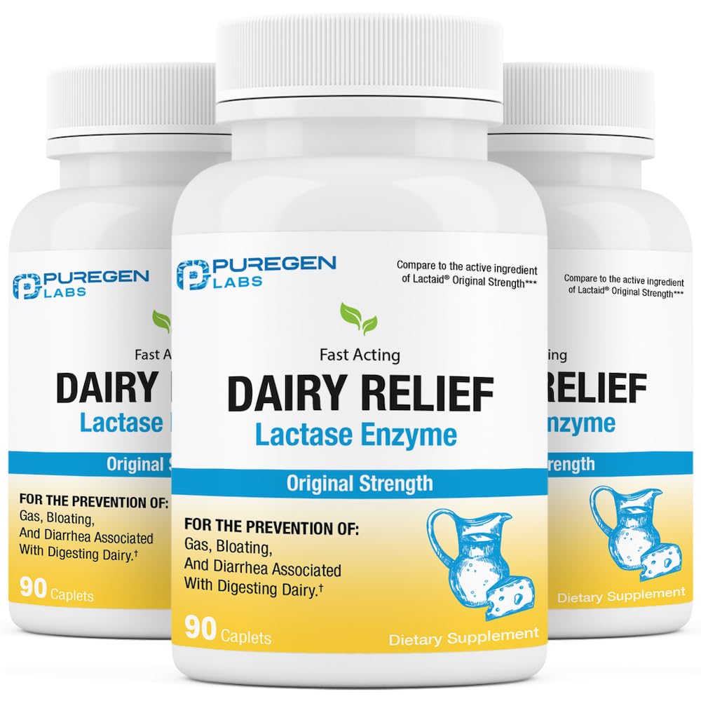 Puregen Labs Dairy Relief Natural Fast Acting Lactase Enzyme 3000 FCC, Lactose Intoleran