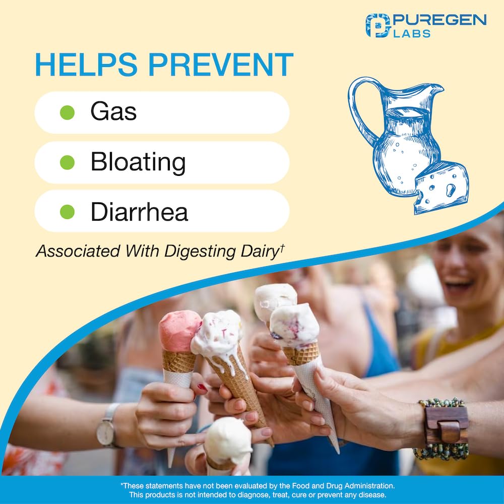 Puregen Labs Dairy Relief Natural Fast Acting Lactase Enzyme 3000 FCC, Lactose Intoleran P Puregen Labs