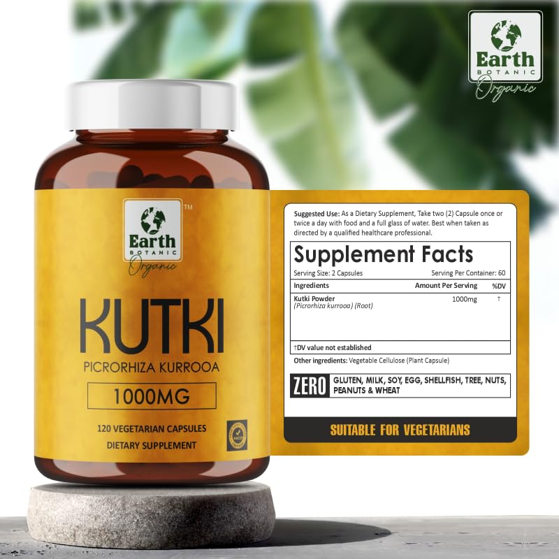 Earth BOTANIC Organic Kutki Root Powder 1000mg 120 Capsules (Picorohiza Kurrooa) Earth BOTANIC Organic
