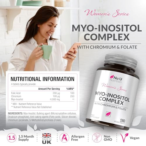 Myo-Inositol Complex 4000mg - 180 Vegan Tablets, 6 Weeks Supply - with 200ug Folate Nu U Nutrition