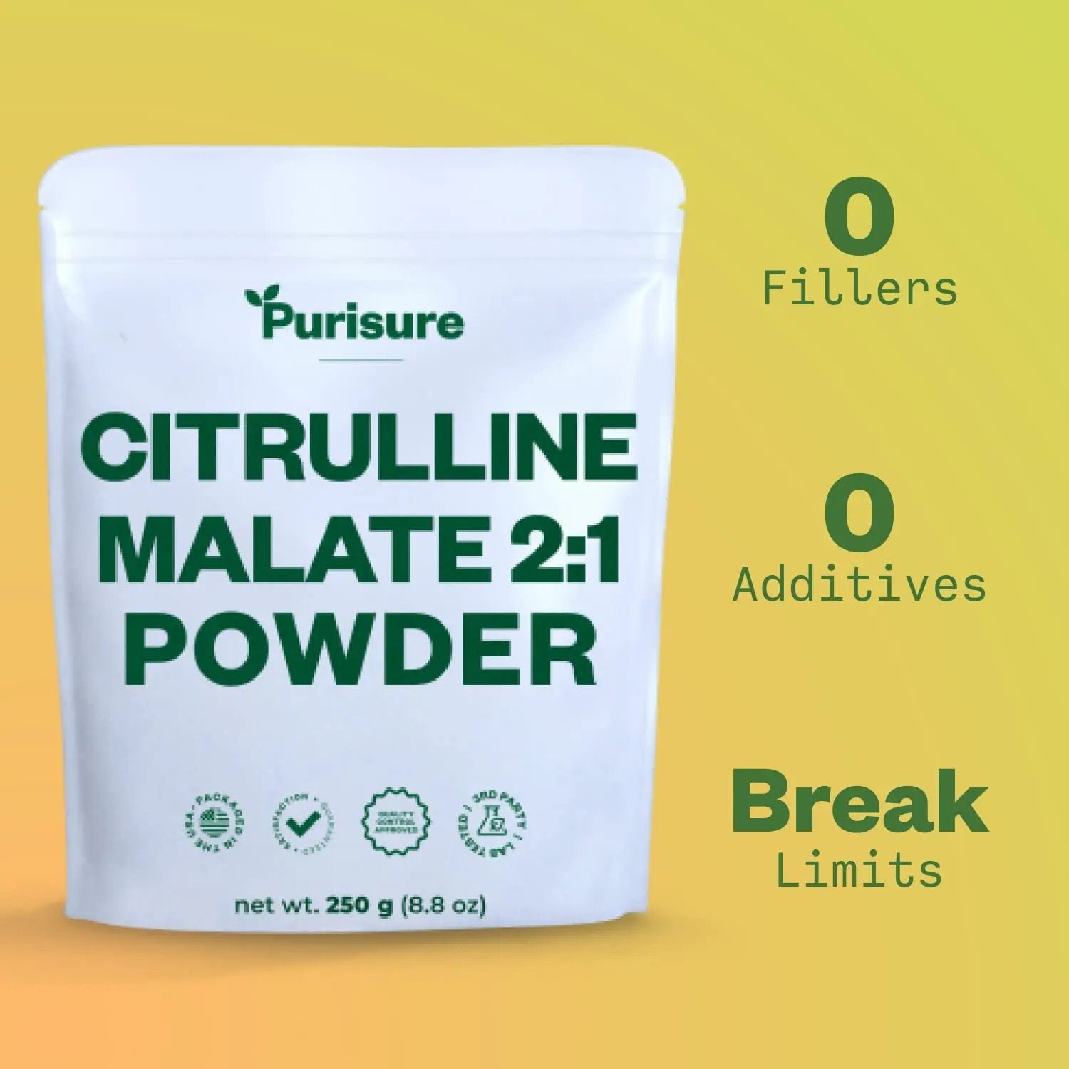 Purisure L-Ctrulline Powder 250g, Premium Citrulline 2:1 Malate Supplement for Strength Performance and Energy, Pre-Workout Citrulline Malate Powder - Enhance Muscle Pumps and Recovery - 83 Servings