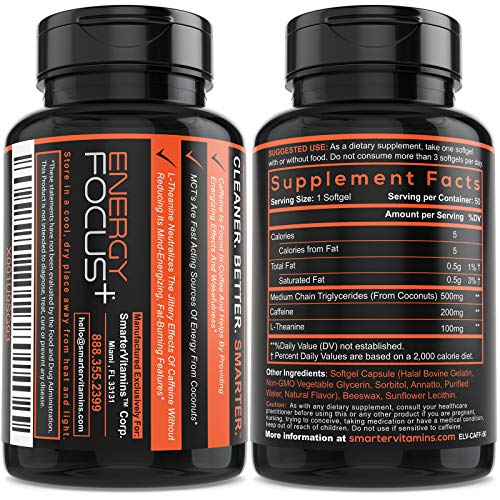 200mg Caffeine Pills - MCT Oil from 100% Coconuts + 100mg L-Theanine, Advanced Energy SmarterVitamins