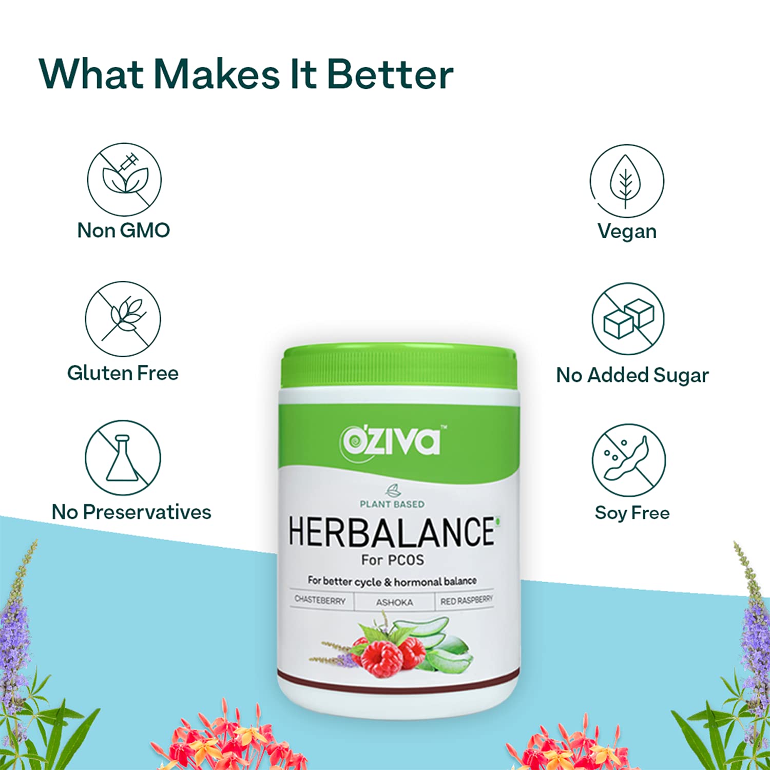 OZiva Plant Based HerBalance for PCOS (with Chasteberry, Shatavari, Red Raspberry, Ashoka) for better cycle OZIVA