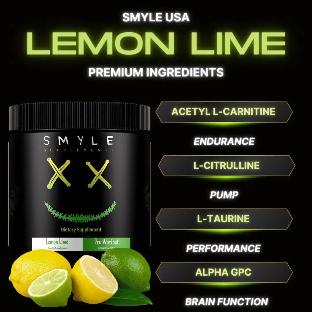 Smyle USA Pre-Workout Powder Lemon Lime - Pre Workout Energy with 400mg Alpha GPC + 167mg Caffeine and 1667mg Beta-Alanine Performance Blend | 30 Servings