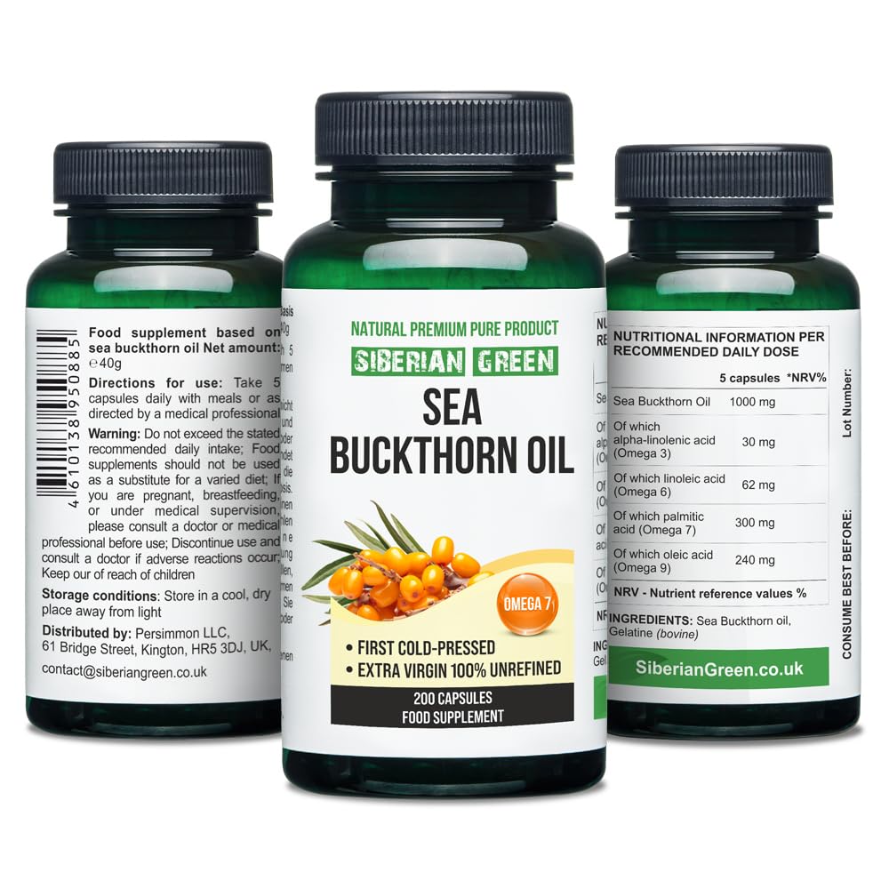 Siberian Sea Buckthorn Oil Capsules 200 Softgels | from Wild-harvested Siberian Sea Siberian Green