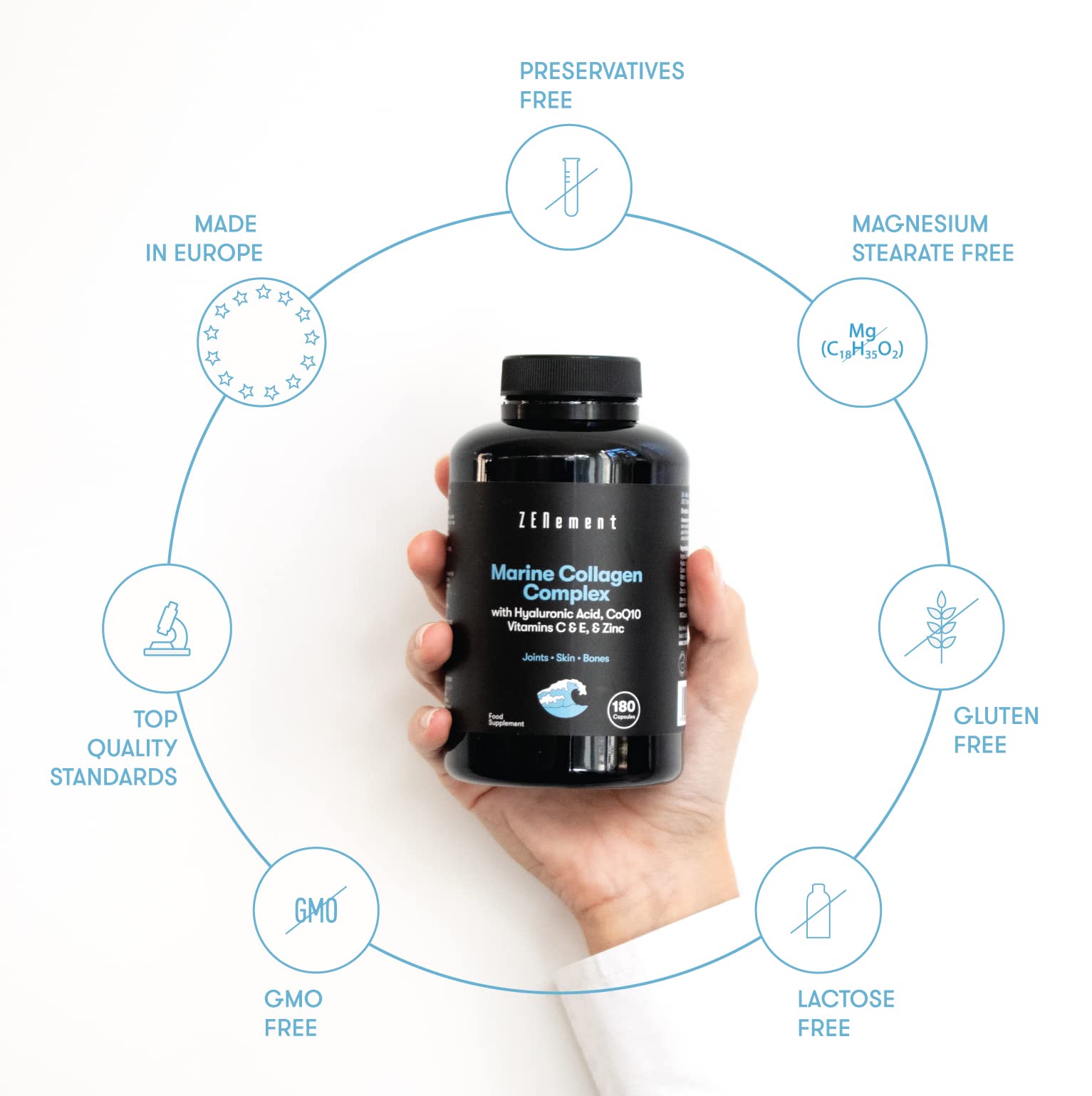 Marine Collagen Complex, with Hyaluronic Acid, CoQ10, Vitamins C & E, & Zinc, 180 Capsules Zenement