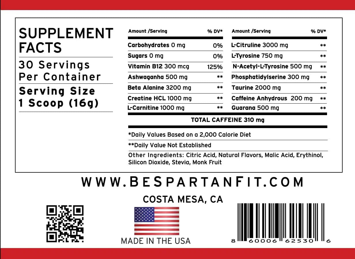 Spartan Fit Nutrition Pre-Workout Powder -Berry Flavor with Full Serving of Creatine +310mg Caffeine Including Brazilian Superfood Guarana - Ashwagandha, & Phosphatidylserine | 30 Servings