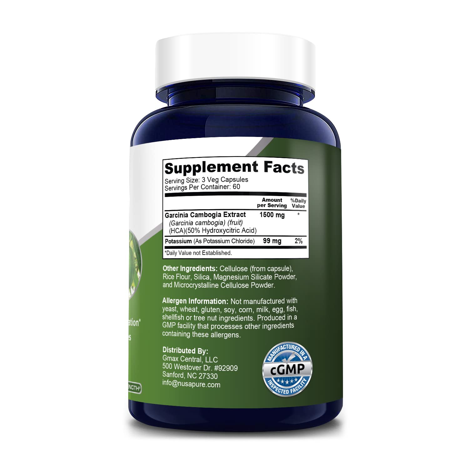 Garcinia Cambogia 180 Veggie Caps 1500mg (Vegetarian, Natural, Non-GMO & Gluten Free) NusaPure