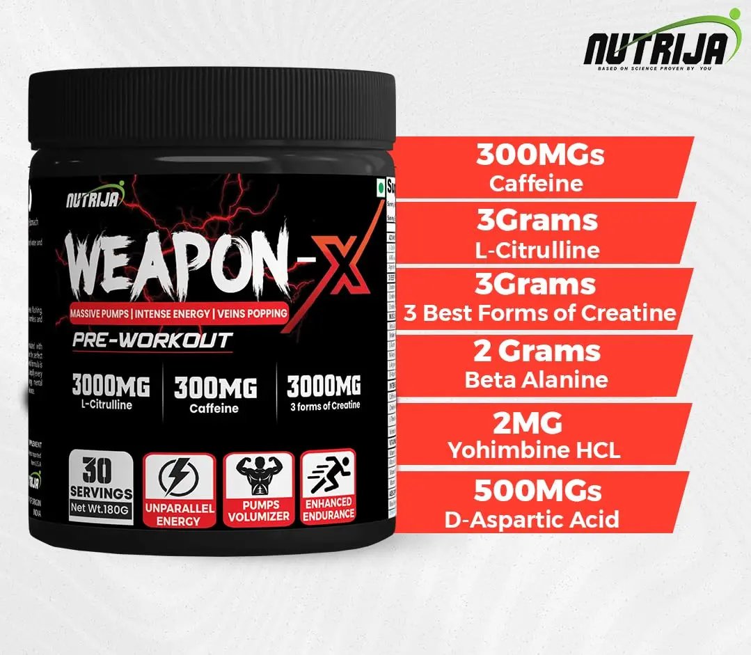 NutriJa Weapon-X Pre-Workout Powder with 21 Active Ingredients - 3 Best Forms of Creatine, AAKG, Beta-Alanine, Caffeinated | Pumps, Viens Popping, Energy, Focus & Strength (30 Servings (Lychee))