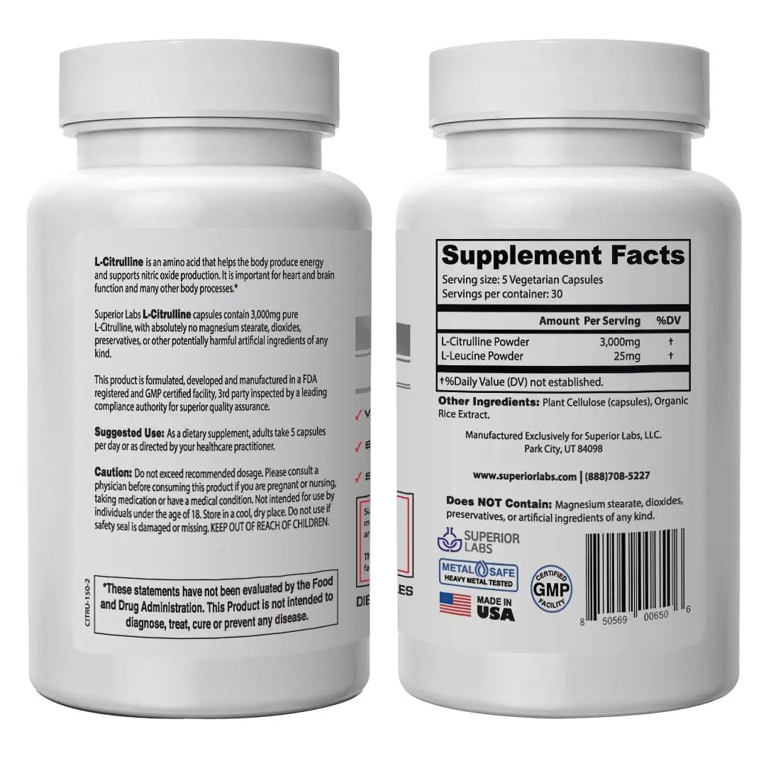 Superior Labs – Pure L-Citrulline – Free Form – Optimal 3,000mg Dosage – 150 Vegetable Superior Labs