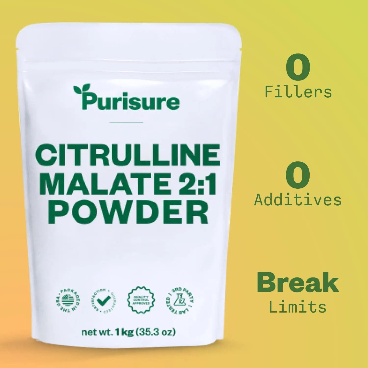 Purisure Citrulline Malate 2:1 Powder, 1 kg, Citrulline Supplement and Citrulline Nitrate for Strength Performance and Energy, Pre-Workout L Arginine L Citrulline Supplement Powder, 334 Servings