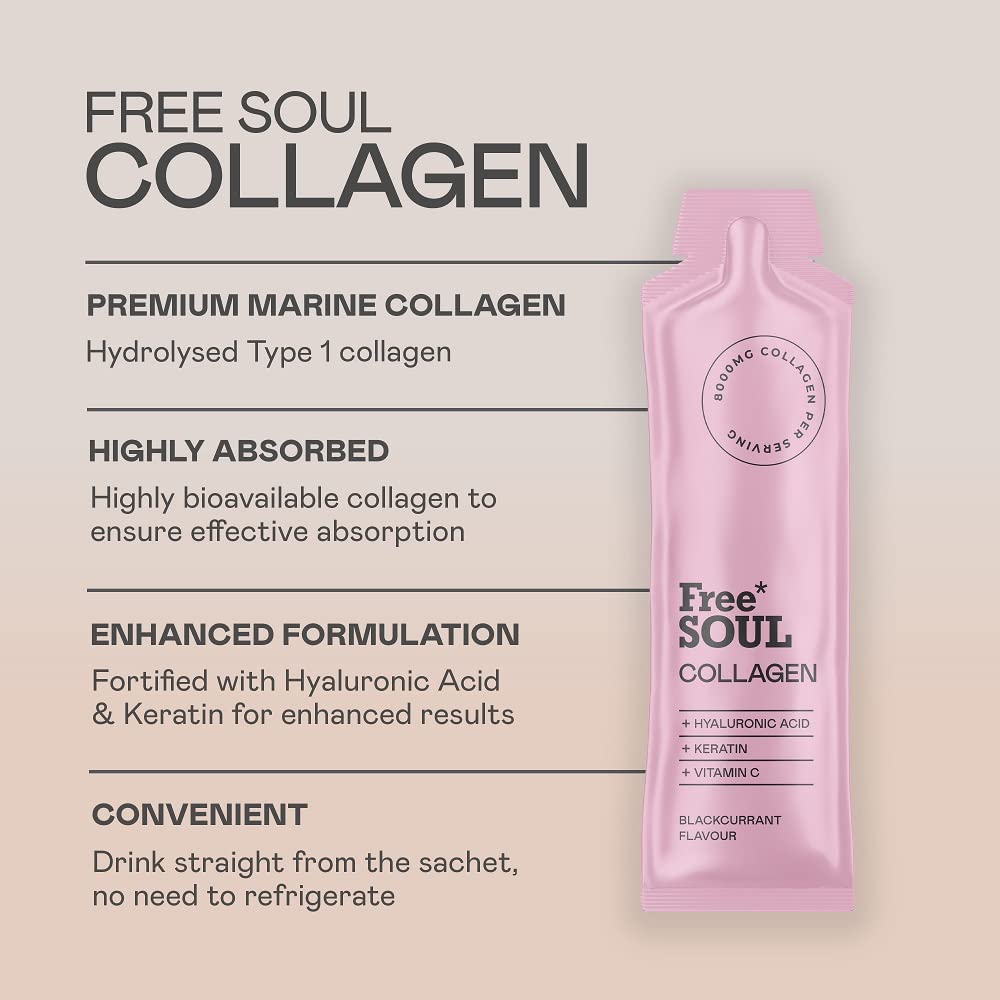 Marine Collagen Liquid 8000mg with Hyaluronic Acid, Keratin, & Vitamin C, 14 x 8000mg Hydrolysed Collagen Free Soul