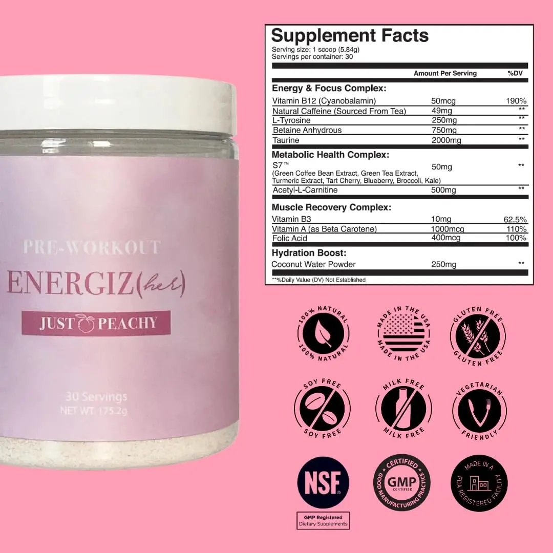 S'moo ENERGIZ(her) Pre Workout Supplement - Preworkout Energy Powder - 30 Servings, Just Peachy