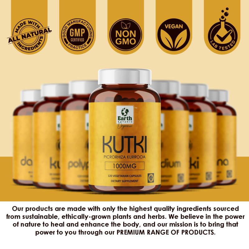 Earth BOTANIC Organic Kutki Root Powder 1000mg 120 Capsules (Picorohiza Kurrooa) Earth BOTANIC Organic