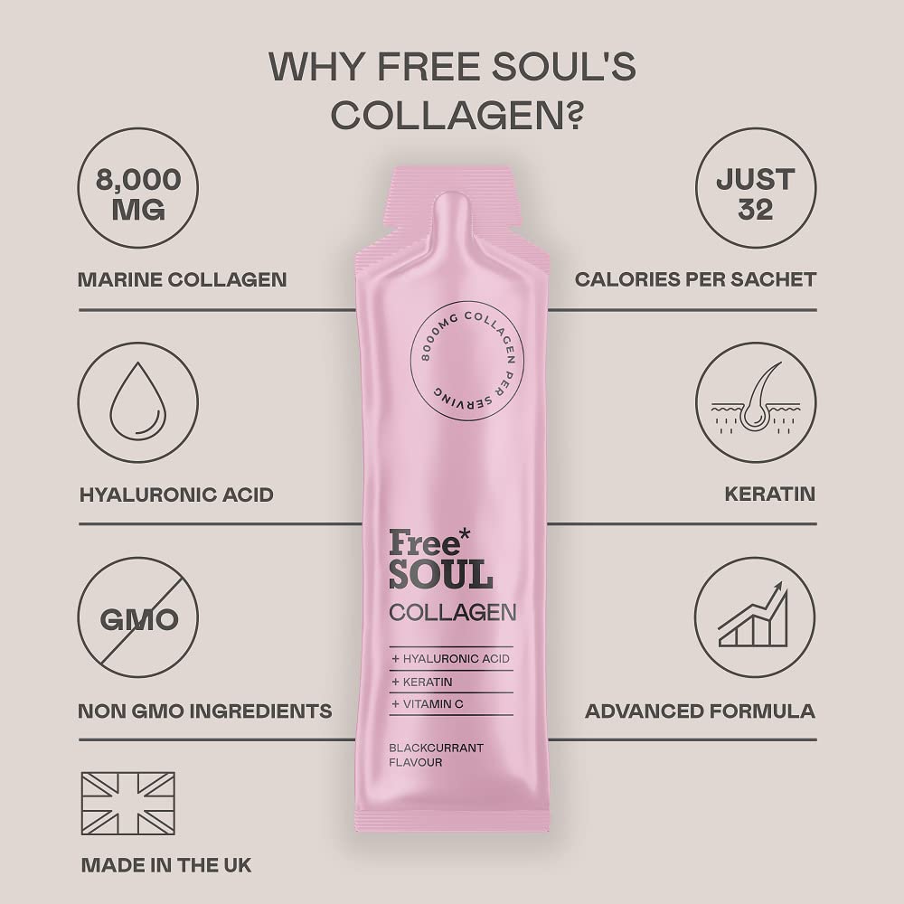 Marine Collagen Liquid 8000mg with Hyaluronic Acid, Keratin, & Vitamin C, 14 x 8000mg Hydrolysed Collagen Free Soul