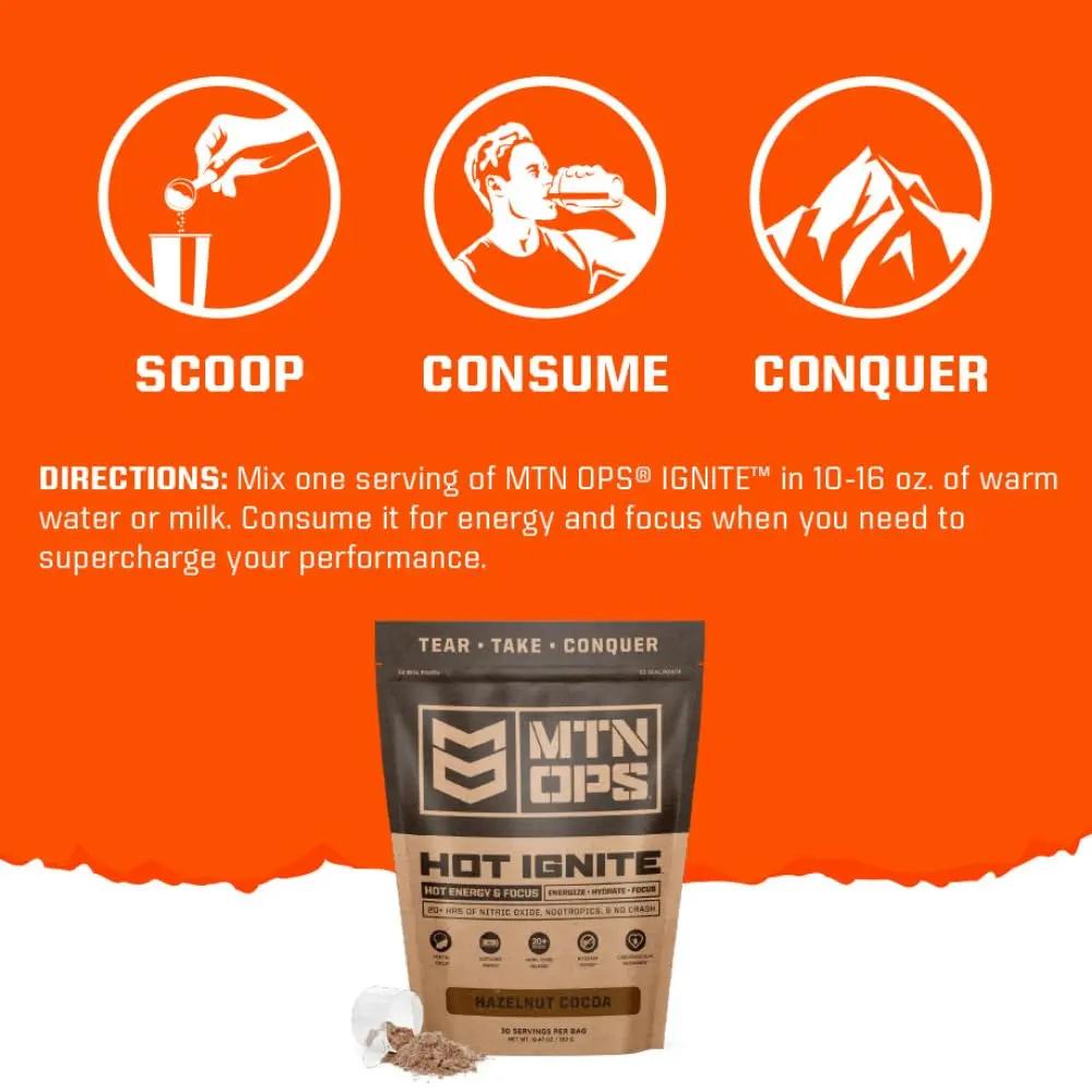 MTN OPS Hot Ignite Supercharged Energy Drink Mix Focus Enhancer, Hazelnut Cocoa, Bag (30 Servings)