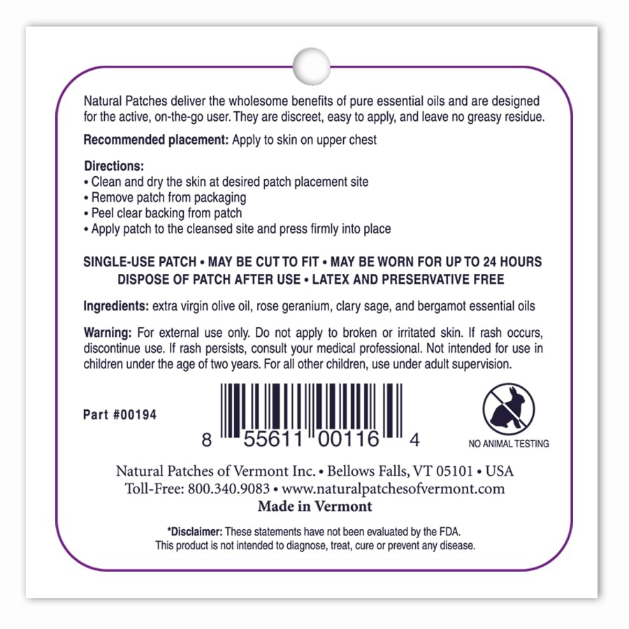 Natural Patches Of Vermont Rose Geranium PMS & Menopause Essential Oil Body Patches, Single Patch Pouch Natural Patches of Vermont