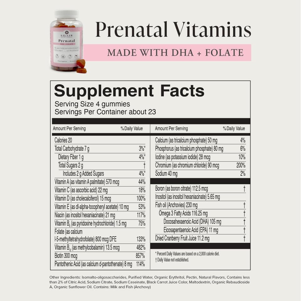 Salaam Nutritionals Halal Prenatal Gummy Multivitamins, Low Sugar, 800 mcg Folate, Methylcobalamin