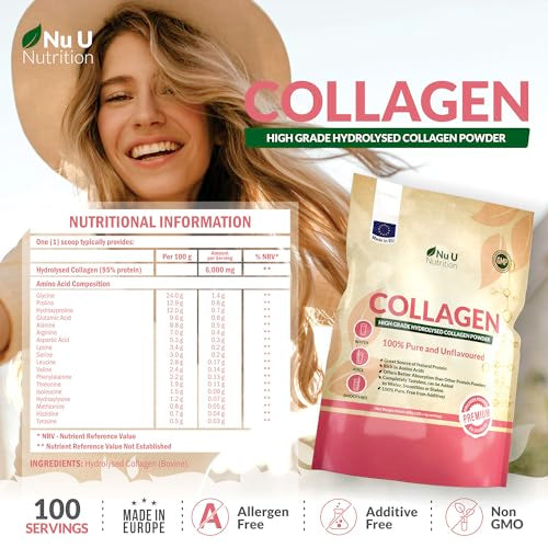 Collagen Powder 600g - 100 Servings - High Grade Pure Bovine 100% - Collagen Peptides Hydrolysate Nu U Nutrition