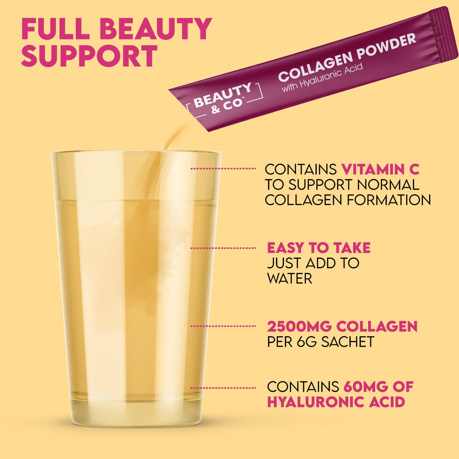 Collagen 2500mg Powder Supplement Boosted with Vitamin C and Hyaluronic Acid (Bovine) Beauty & Co