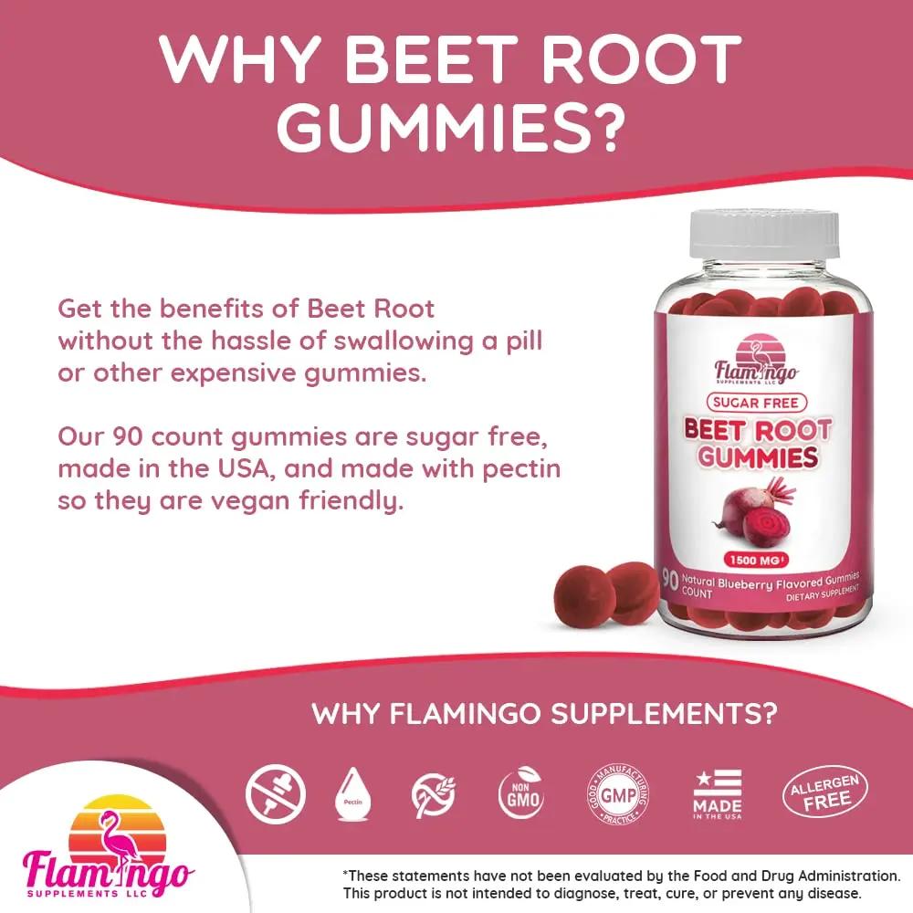 Sugar Free Nitric Oxide Beet Root Gummies (1500 mg)- Beet Root Chewables for Athletic Flamingo Supplements