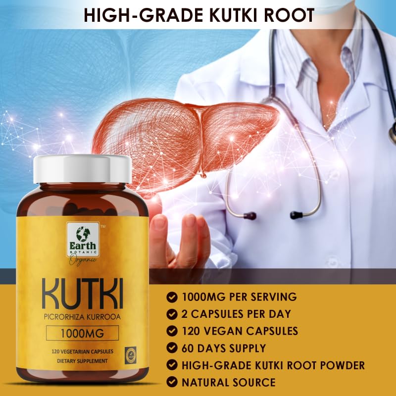 Earth BOTANIC Organic Kutki Root Powder 1000mg 120 Capsules (Picorohiza Kurrooa) Earth BOTANIC Organic