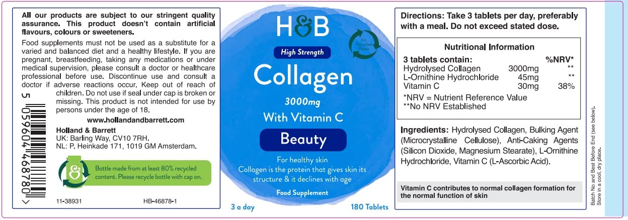 Holland & Barrett Bovine Collagen Tablet 3000mg - Type I Collagen Peptides - Hydrolysed Collagen with Vitamin C - Hair, Skin & Nails Holland & Barrett