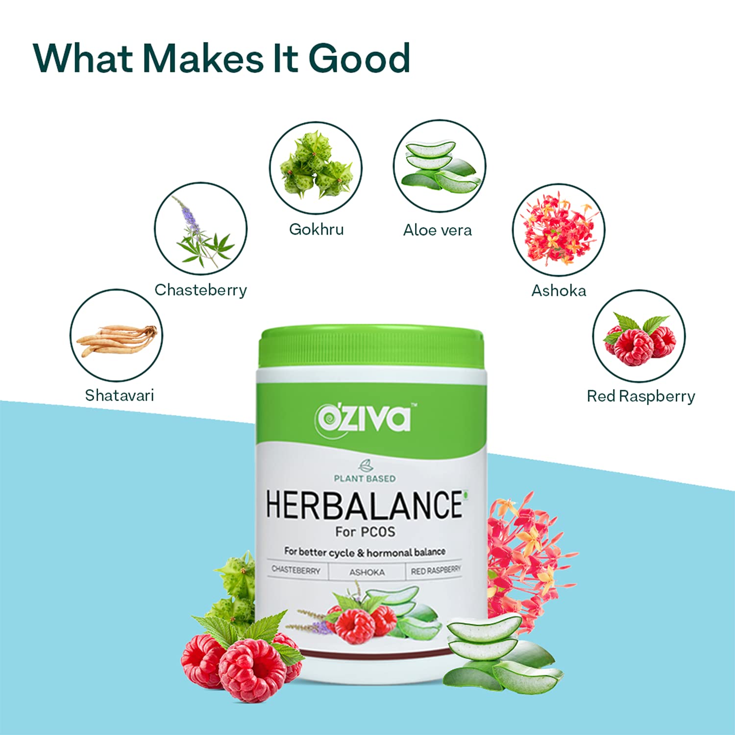 OZiva Plant Based HerBalance for PCOS (with Chasteberry, Shatavari, Red Raspberry, Ashoka) for better cycle OZIVA