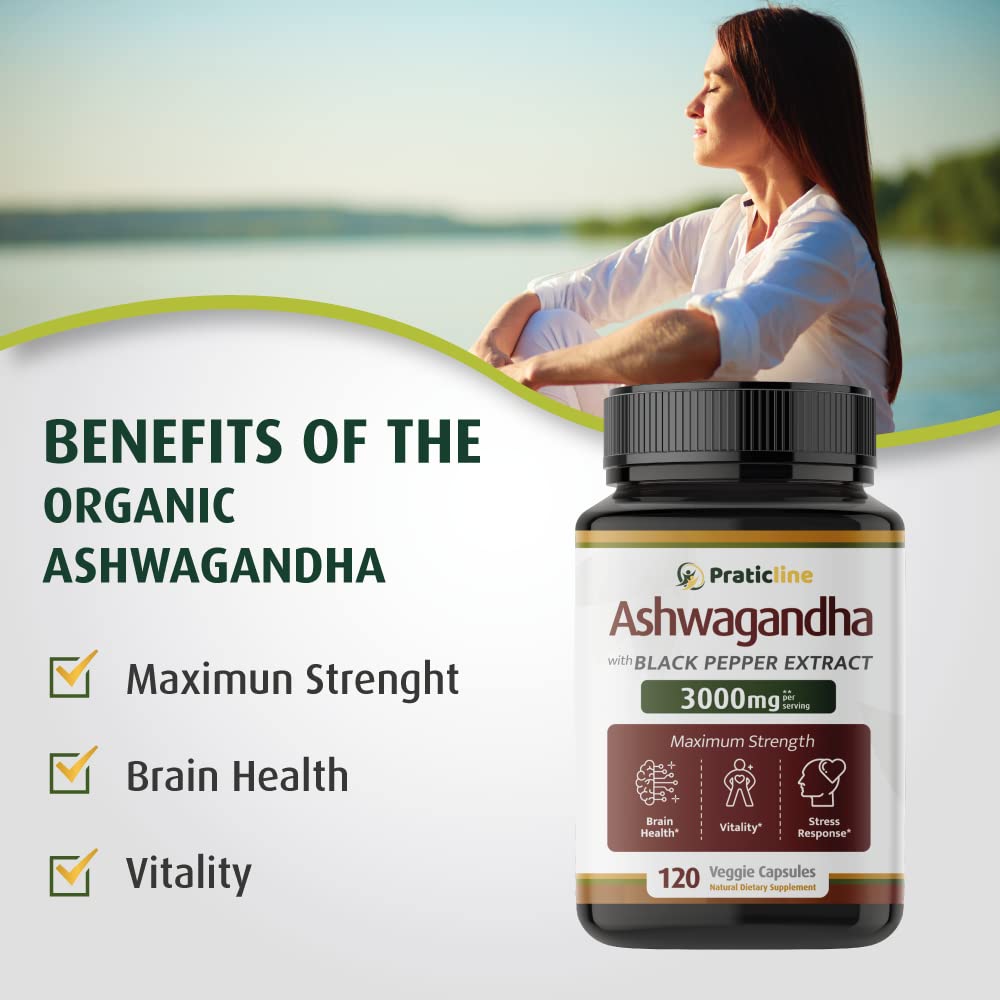 PRATIC LINE Ashwagandha Capsules 3,000 mg - 120 Vegan Cap Made with Organic PRATIC LINE