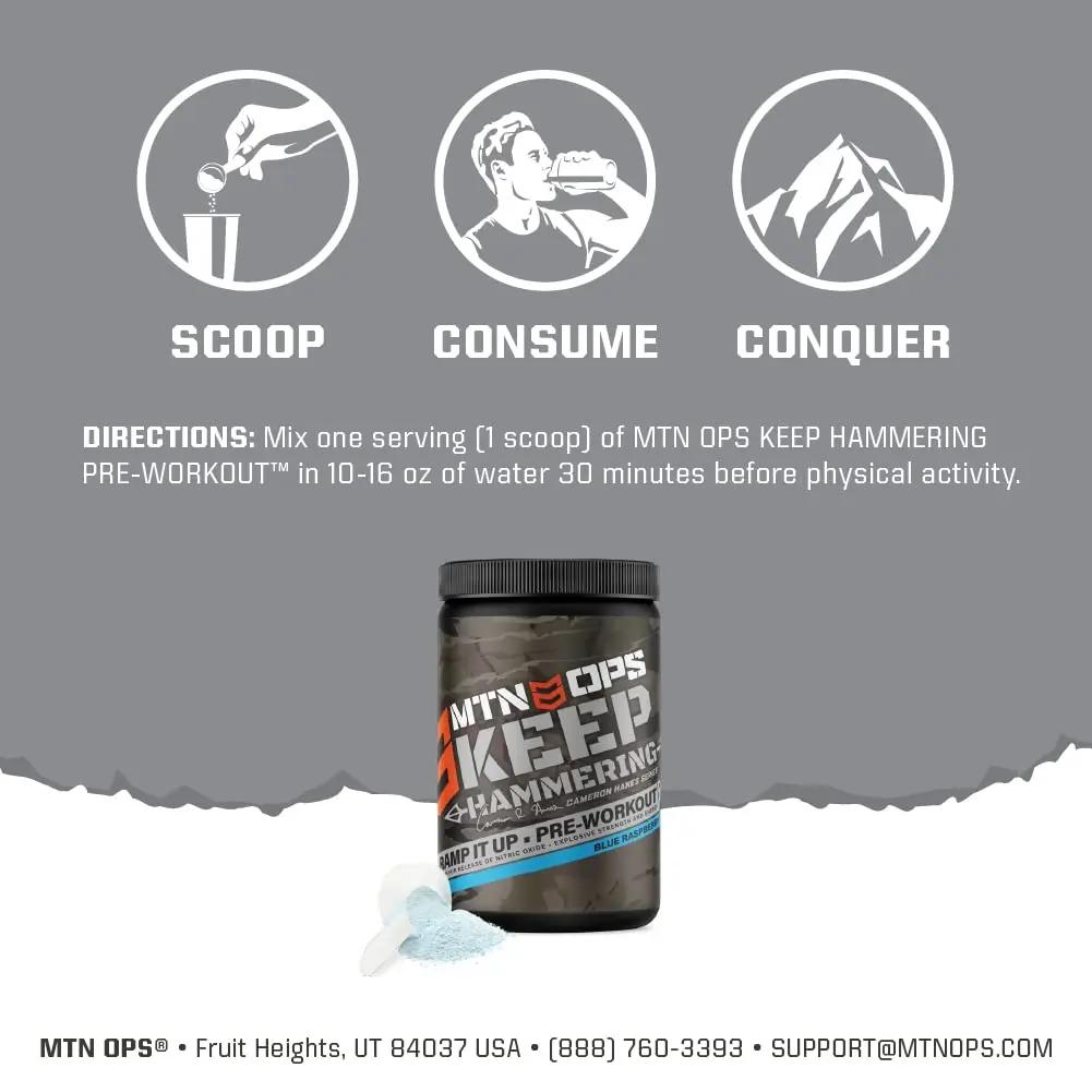 MTN OPS Pre-Workout Powder Energy Drink Keep Hammering Series by Cameron Hanes, Blue Raspberry, 20 Servings, 23.2oz