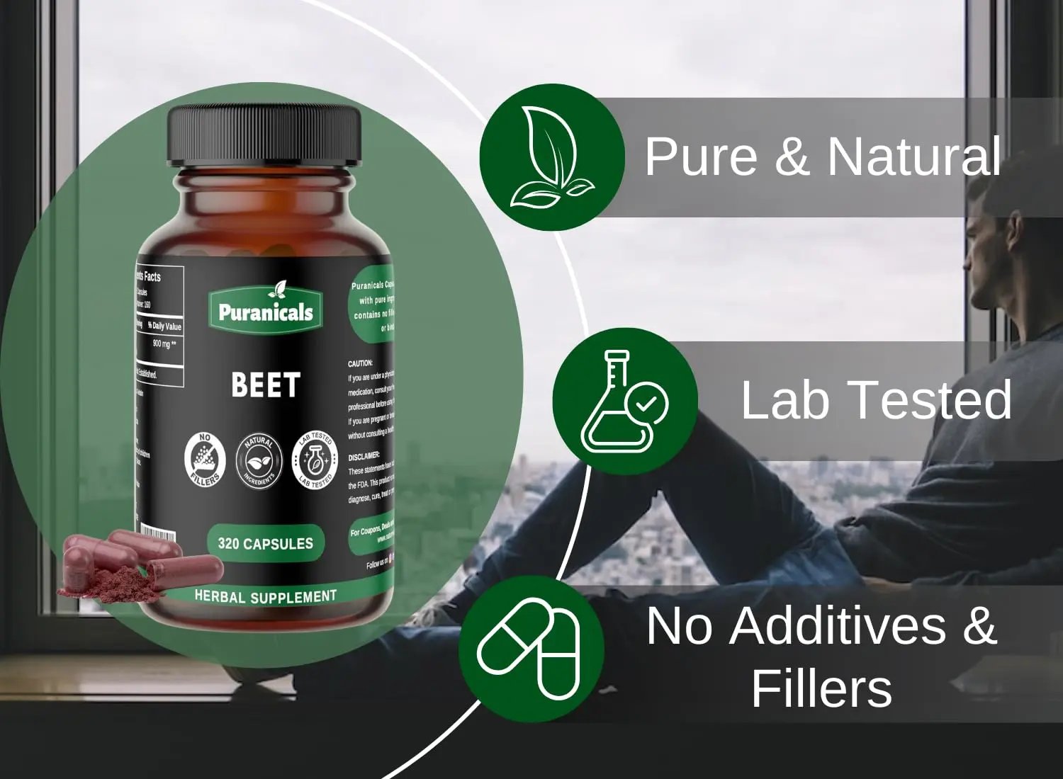 Puranicals Beet Premium 320 Capsules Nitric Oxide Booster | Herbal Supplement | 900 mg Per Serving | Made with 100% Pure Beetroot Powder (Beta Vulgaris)