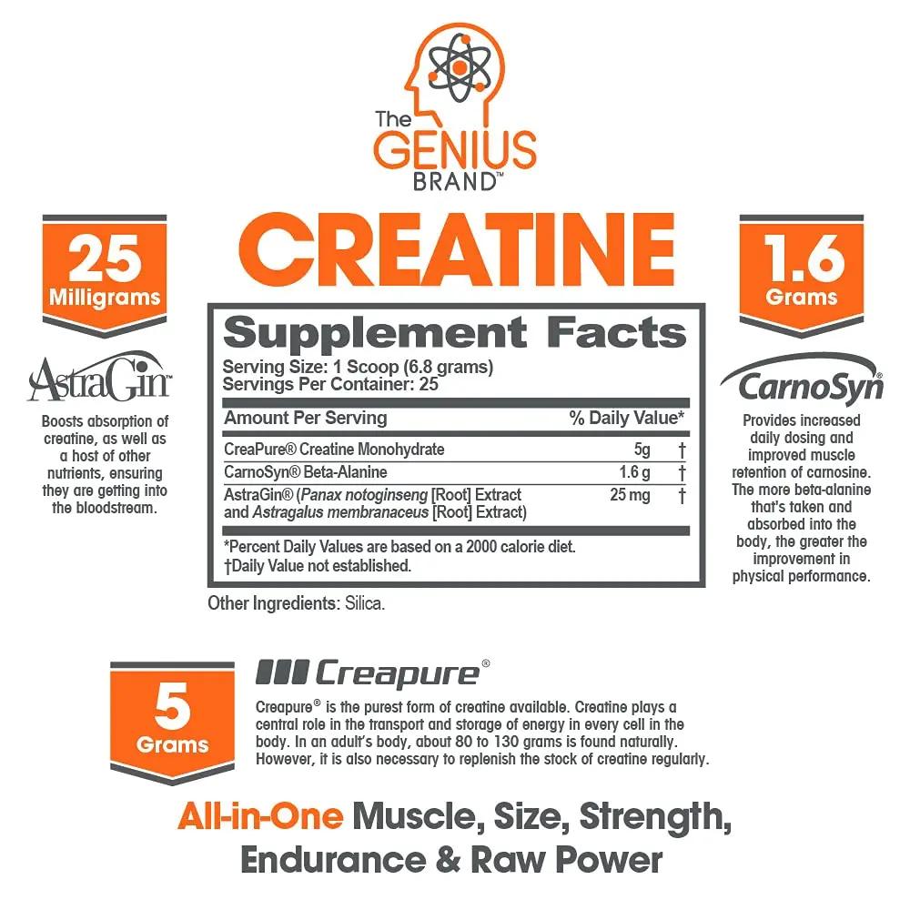 Genius Pre Workout Powder, Sour Cherry, and Genius Micronized Creatine Monohydrate Powder, Unflavored, All Natural Nootropic Pre Workout and Post Workout Supplement Stack
