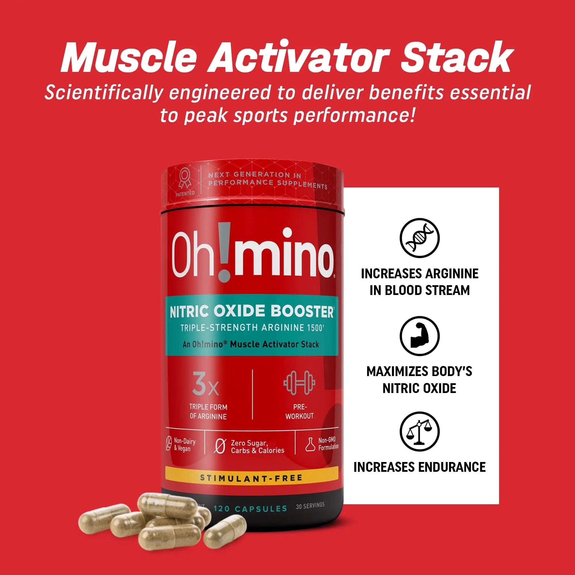 Oh!mino Nitric Oxide Supplement Activator Booster, Triple Strength L-Arginine for Energy, Endurance, Muscle Growth Builder, Pre Post Workout Pills - Natural Beet Root Powder, 30 Servings 120 Capsules