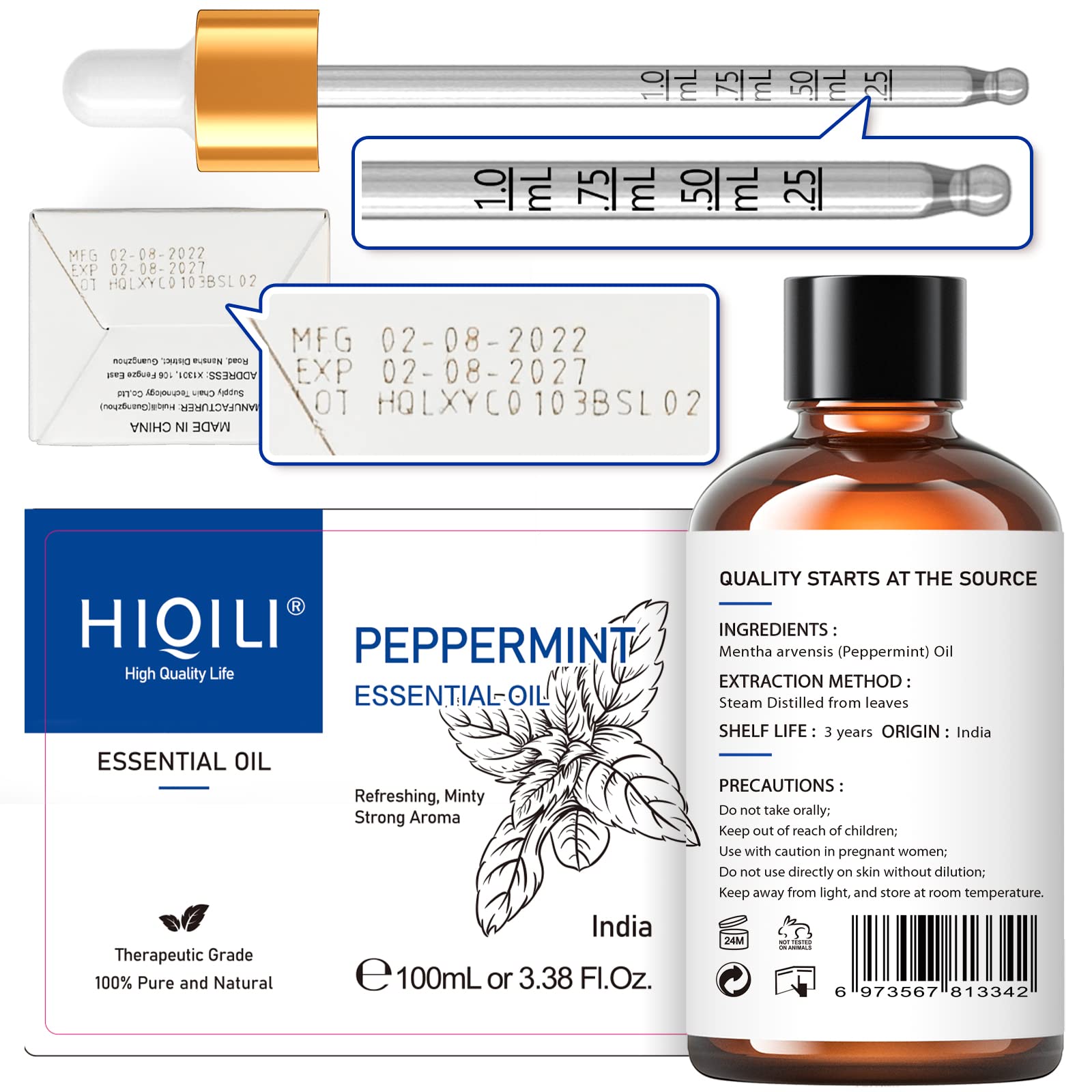 HIQILI Peppermint Oil 100ML, 100% Pure Peppermint Essential Oil Natural for Diffuser HIQILI