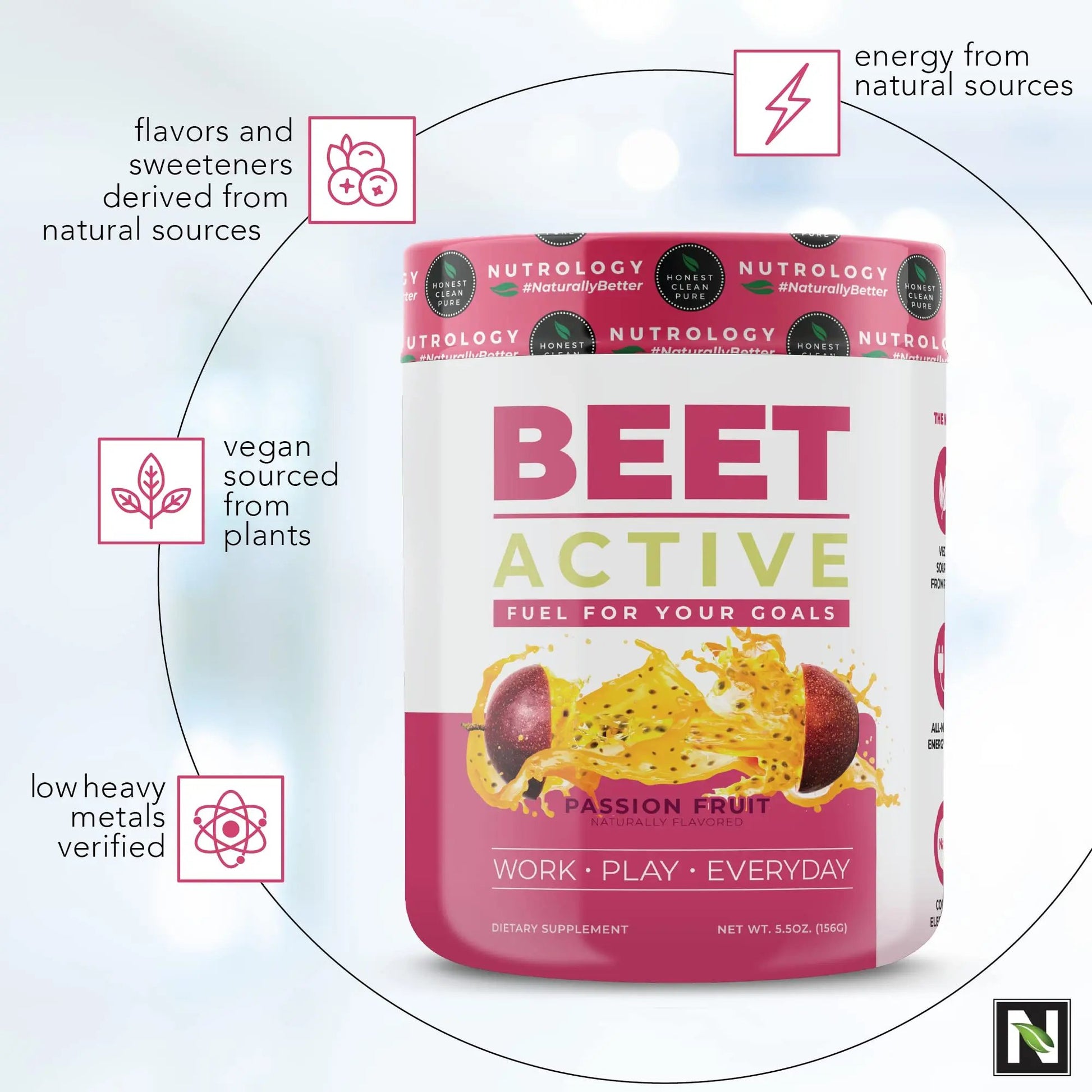 Nutrology Beet Active, Natural Pre-Workout Powder, Supports Energy, Endurance & Nitric Oxide Flow with Beet Powder, Yerba Mate & Electrolytes, Vegan Pre Workout, Passion Fruit Flavor, 30 Servings
