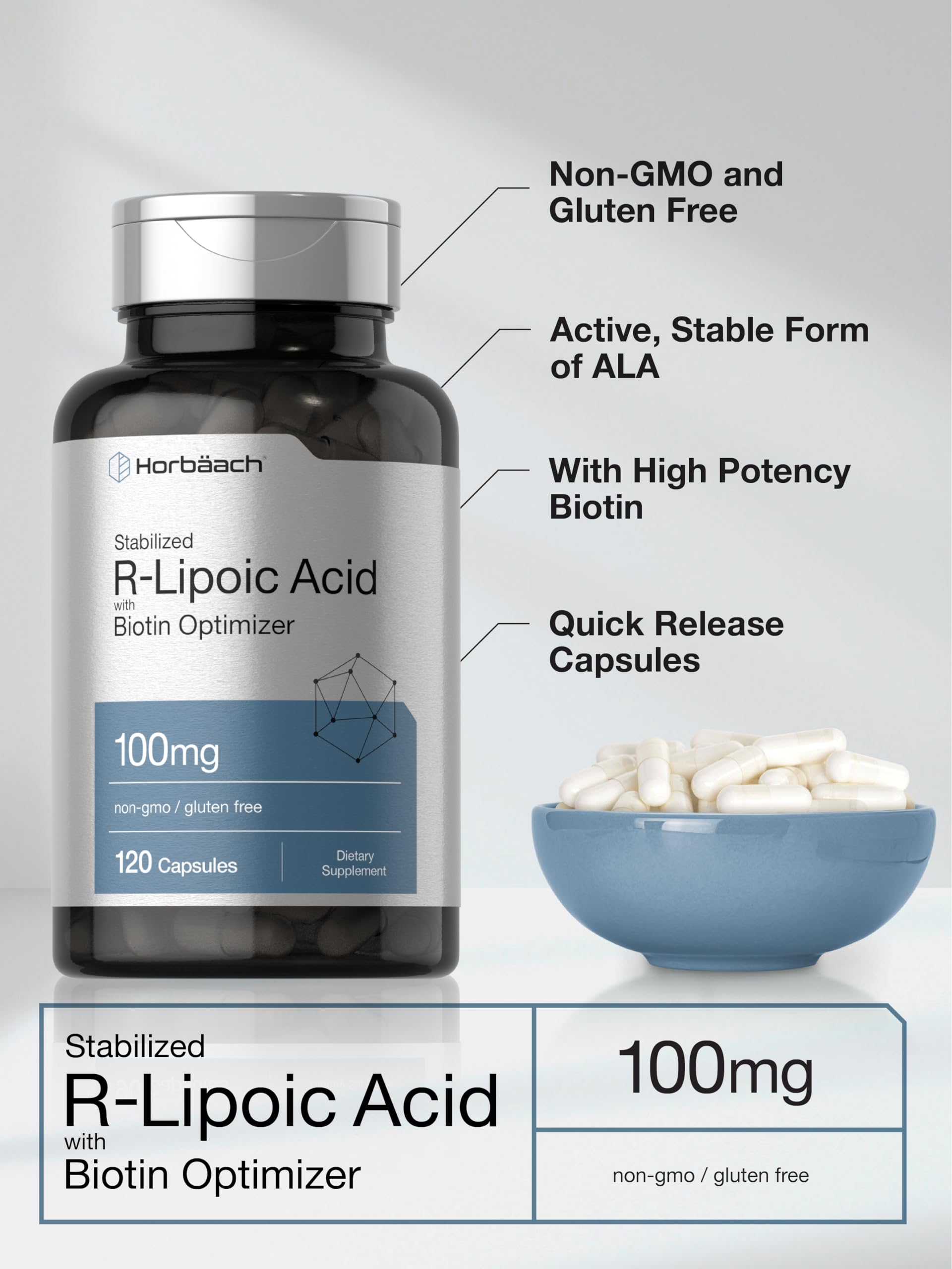 R-Lipoic Acid 100 mg | 120 Capsules | with Biotin Optimizer | Non-GMO, Gluten Free Horbäach