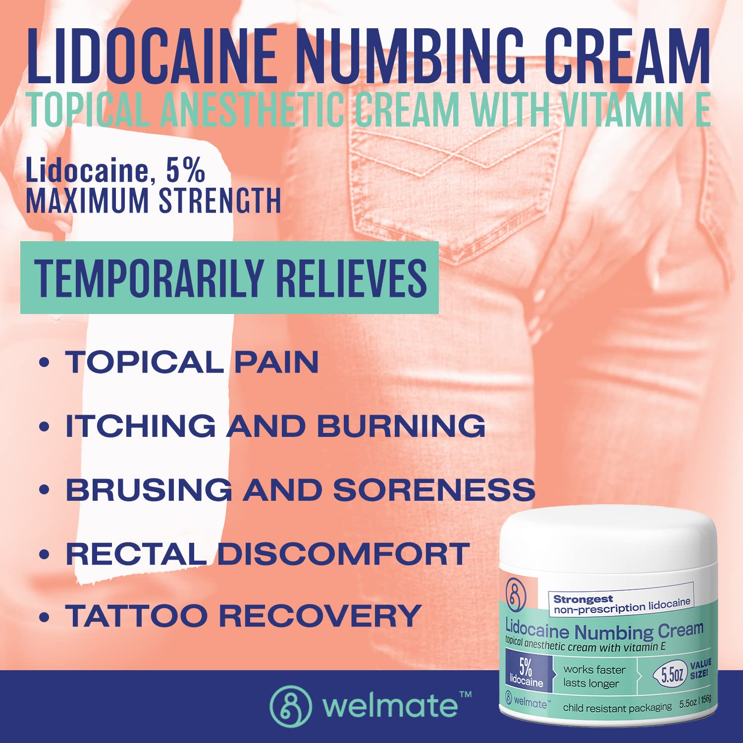 WELMATE | 5% Lidocaine | Numbing Cream Maximum Strength | Topical Anesthetic WELMATE