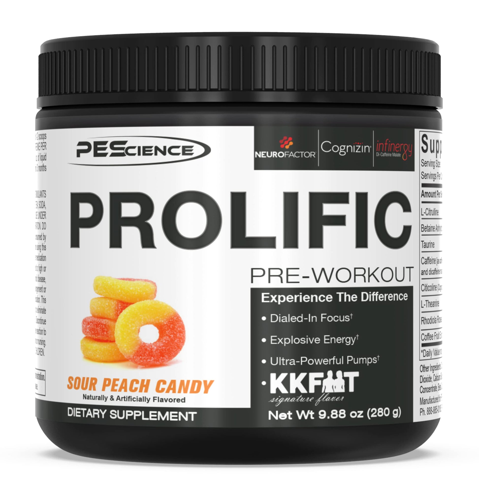 PEScience Prolific Pre Workout Powder, Sour Peach Candy, 40 Scoop, Energy Supplement