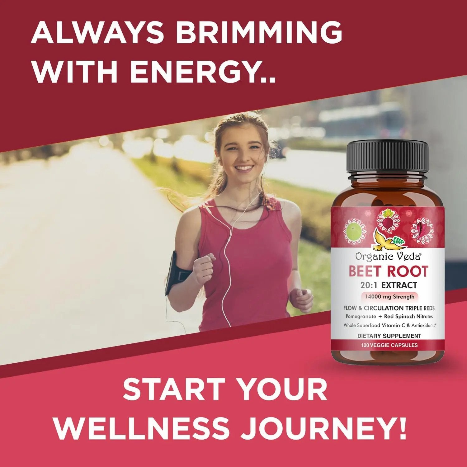 Organic Veda Beet Root Capsules - Triple Reds Nitric Oxide Beets Supplements - Concentrated Nitrates and Vitamin C Blend of Beet Root Extract, Red Spinach, Pomegranate, Black Pepper - 120 Capsules