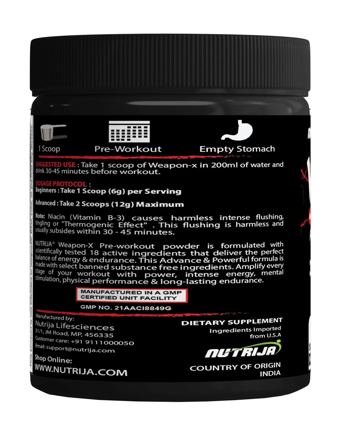 NutriJa Weapon-X Pre-Workout Powder with 21 Active Ingredients - 3 Best Forms of Creatine, AAKG, Beta-Alanine, Caffeinated | Pumps, Viens Popping, Energy, Focus & Strength (30 Servings (Lychee))