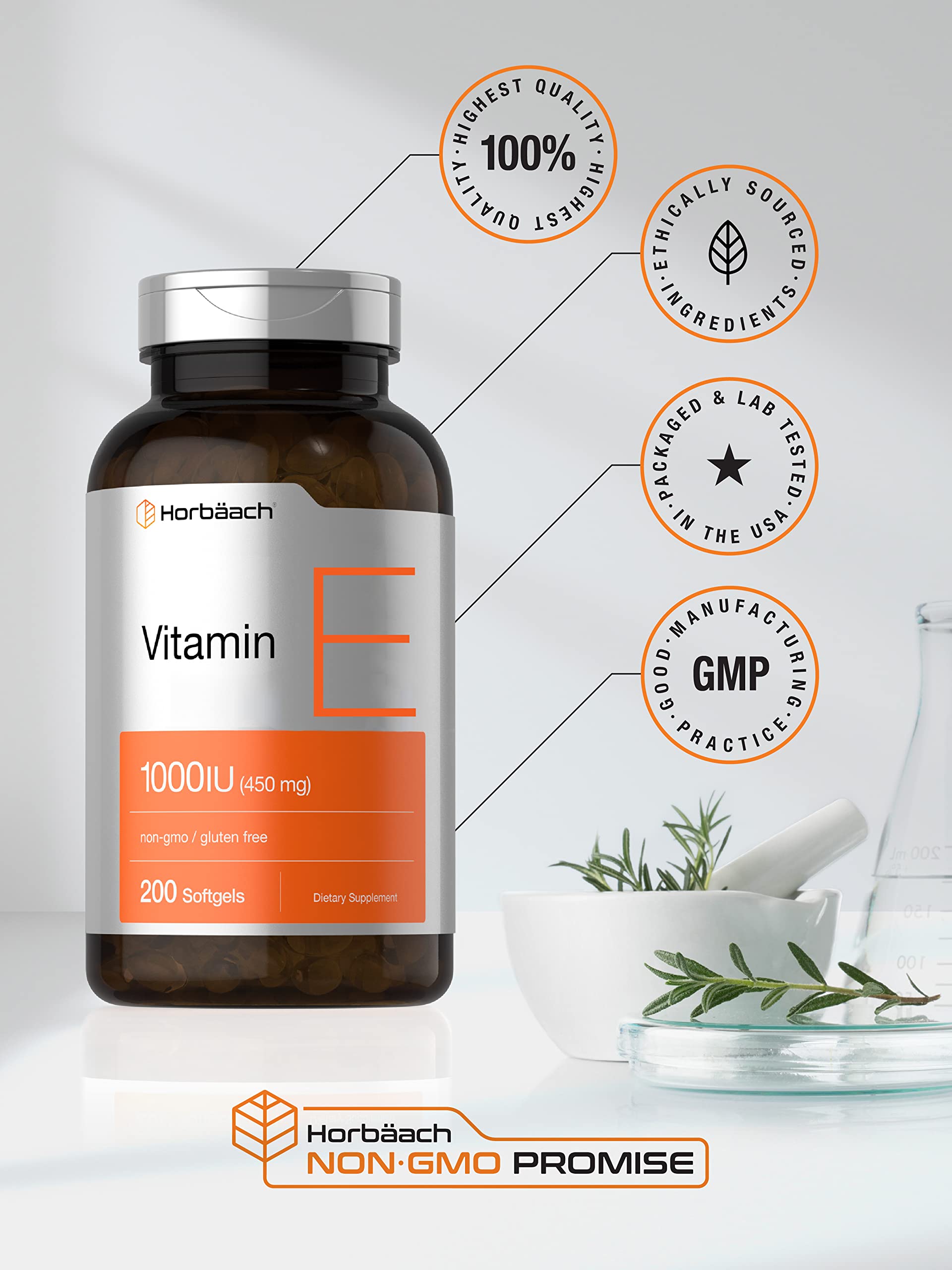 Vitamin E 1000 IU Softgel Capsules | 200 Count | Non-GMO, Gluten Free, Preservative Free Horbäach
